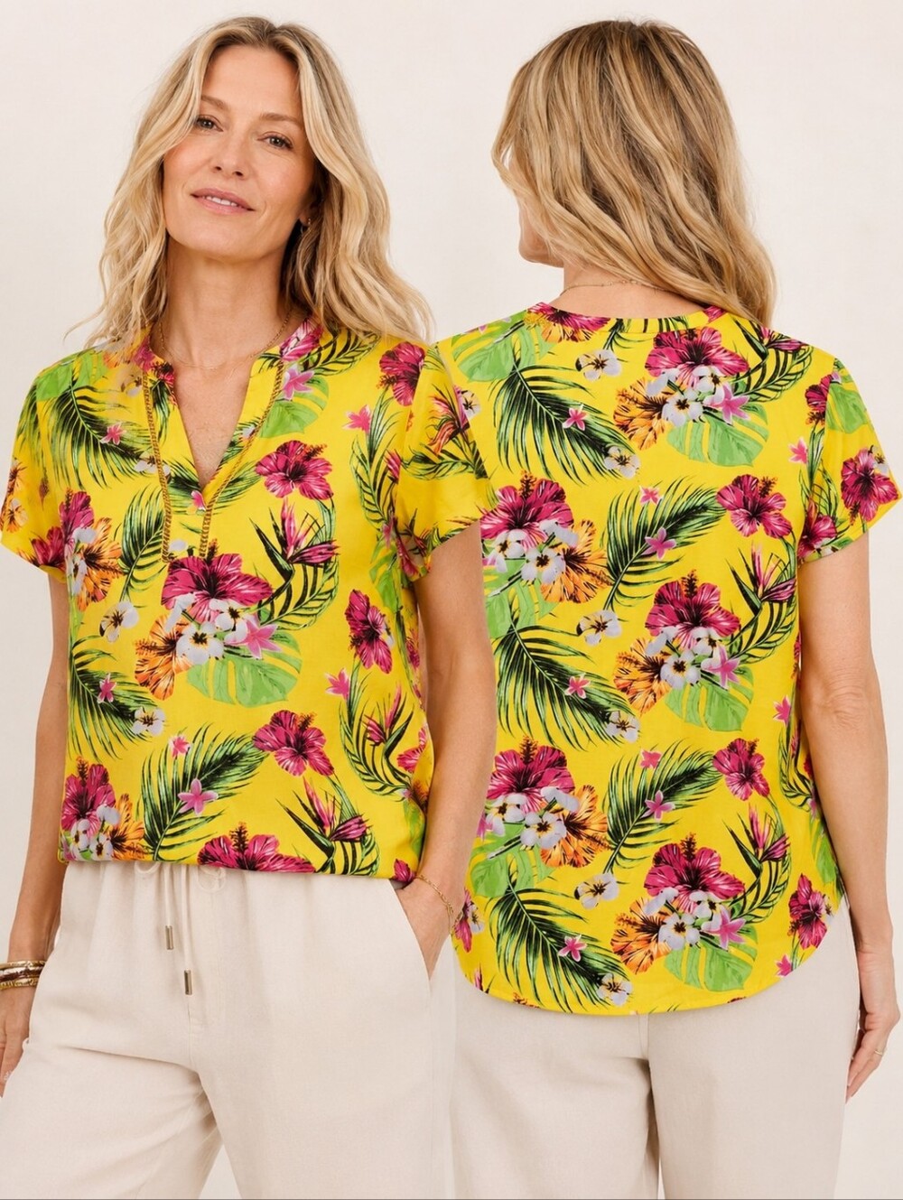 Nwt Elizabeth & Nicole Tropical Floral Rayon Blouse Yellow Hibiscus Print Top 🌺